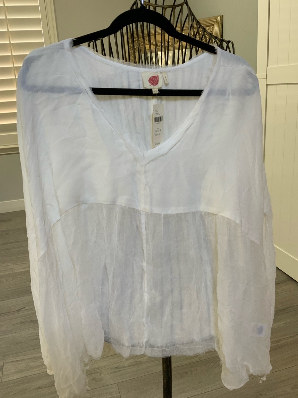 Anthropologie White Sheer V-Neck Long-Sleeve Blouse Size XS/S petite